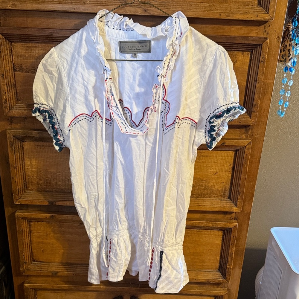 Double D Ranch White Blouse with Ruffle Trim